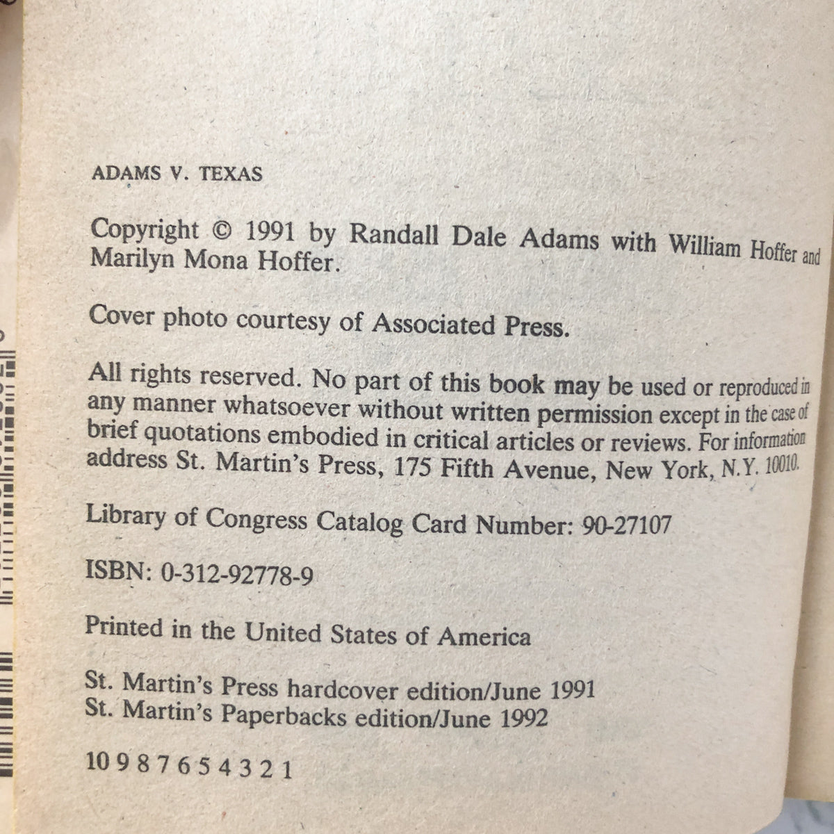 Adams V. Texas by Randall Adams & William Hoffer [1991 PAPERBACK] - Bookshop Apocalypse