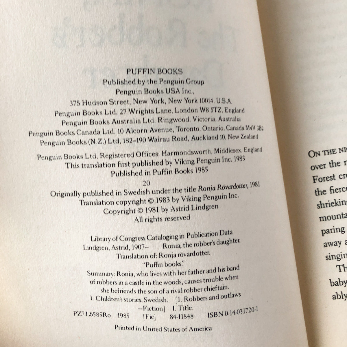 Ronia The Robber's Daughter by Astrid Lindgren [1985 TRADE PAPERBACK] - Bookshop Apocalypse