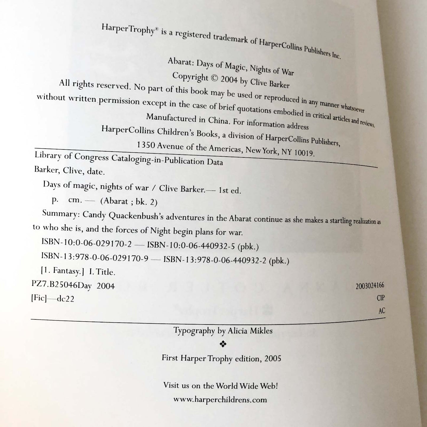 Abarat: Days of Magic, Nights of War by Clive Barker [FIRST EDITION PAPERBACK] 2005