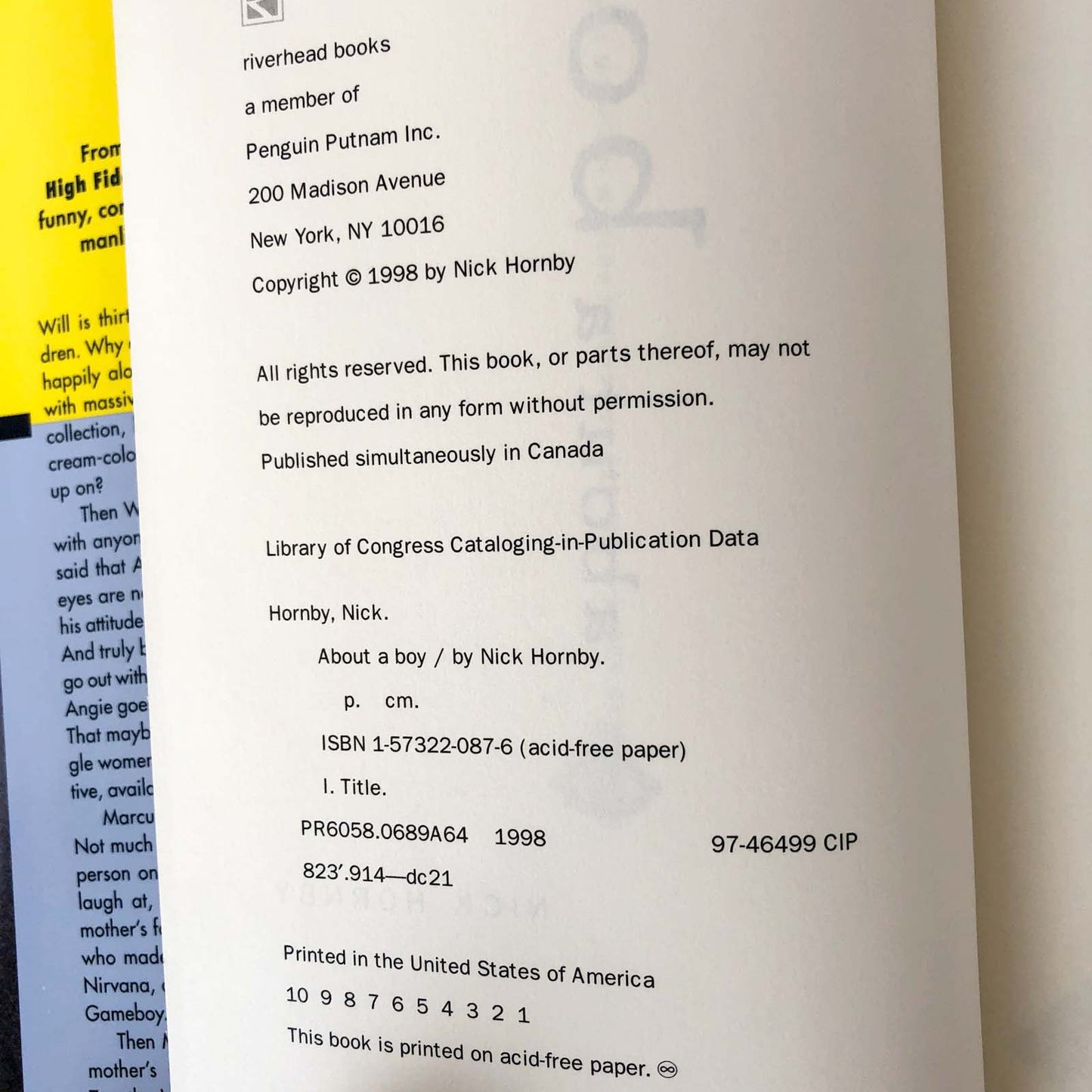 About a Boy by Nick Hornby [FIRST EDITION / FIRST PRINTING] 1998