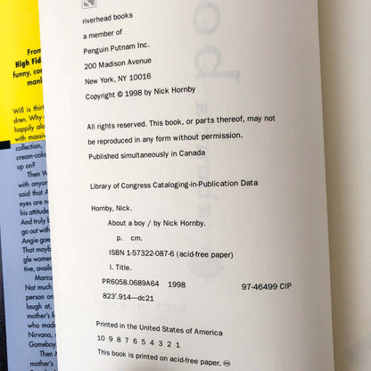 About a Boy by Nick Hornby [FIRST EDITION / FIRST PRINTING] 1998