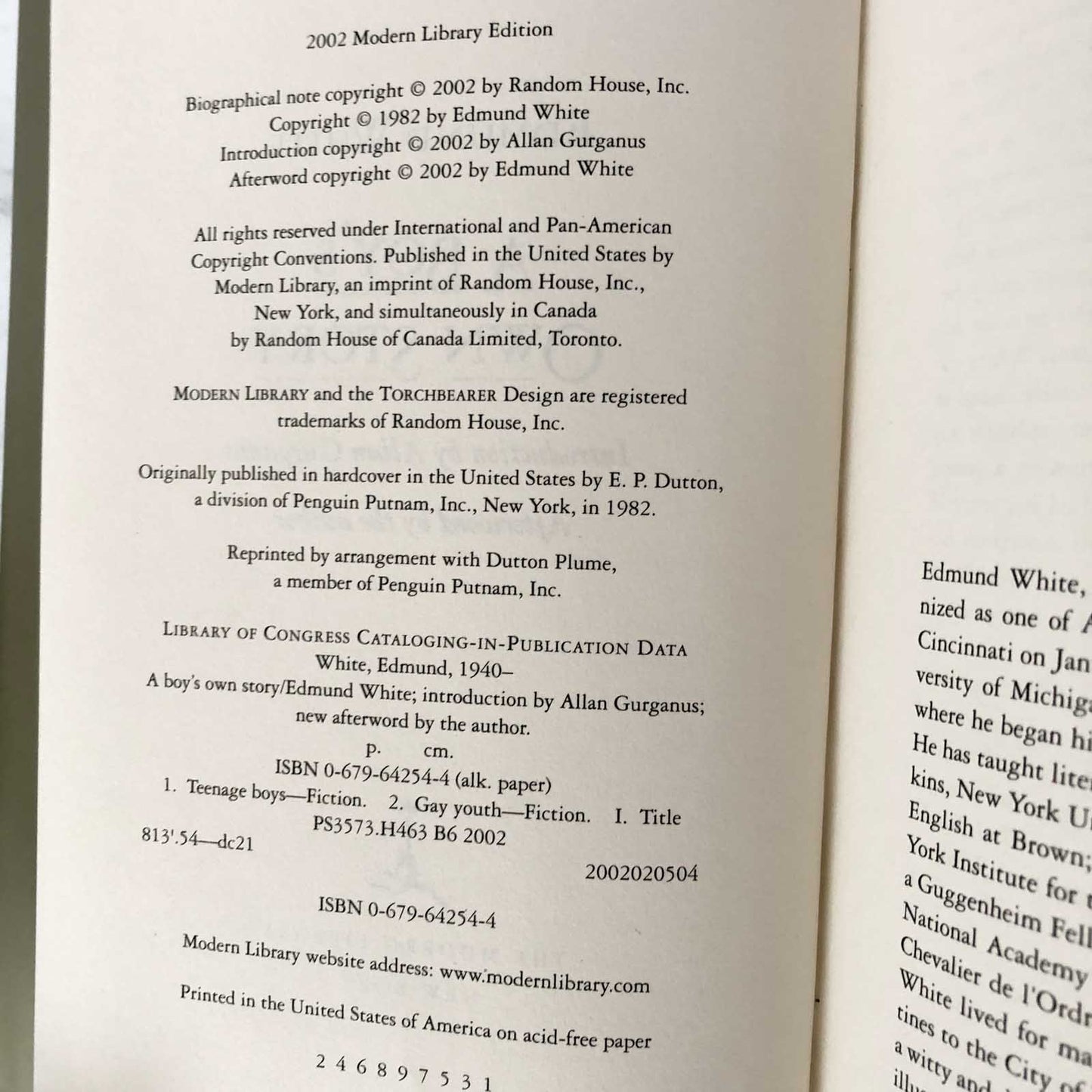 A Boy's Own Story by Edmund White [MODERN LIBRARY HARDCOVER] 2002