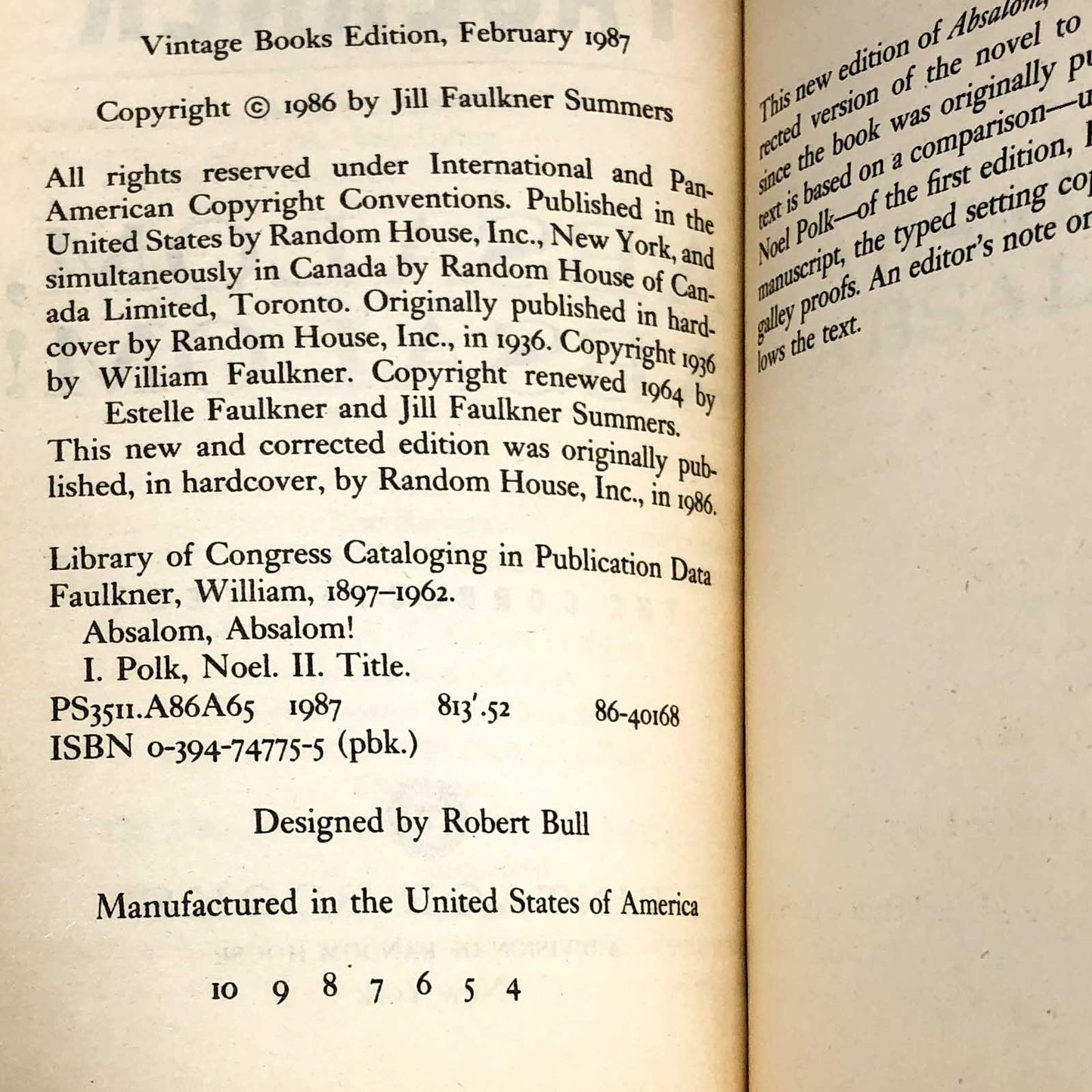 Absalom, Absalom! by William Faulkner [1987 PAPERBACK]