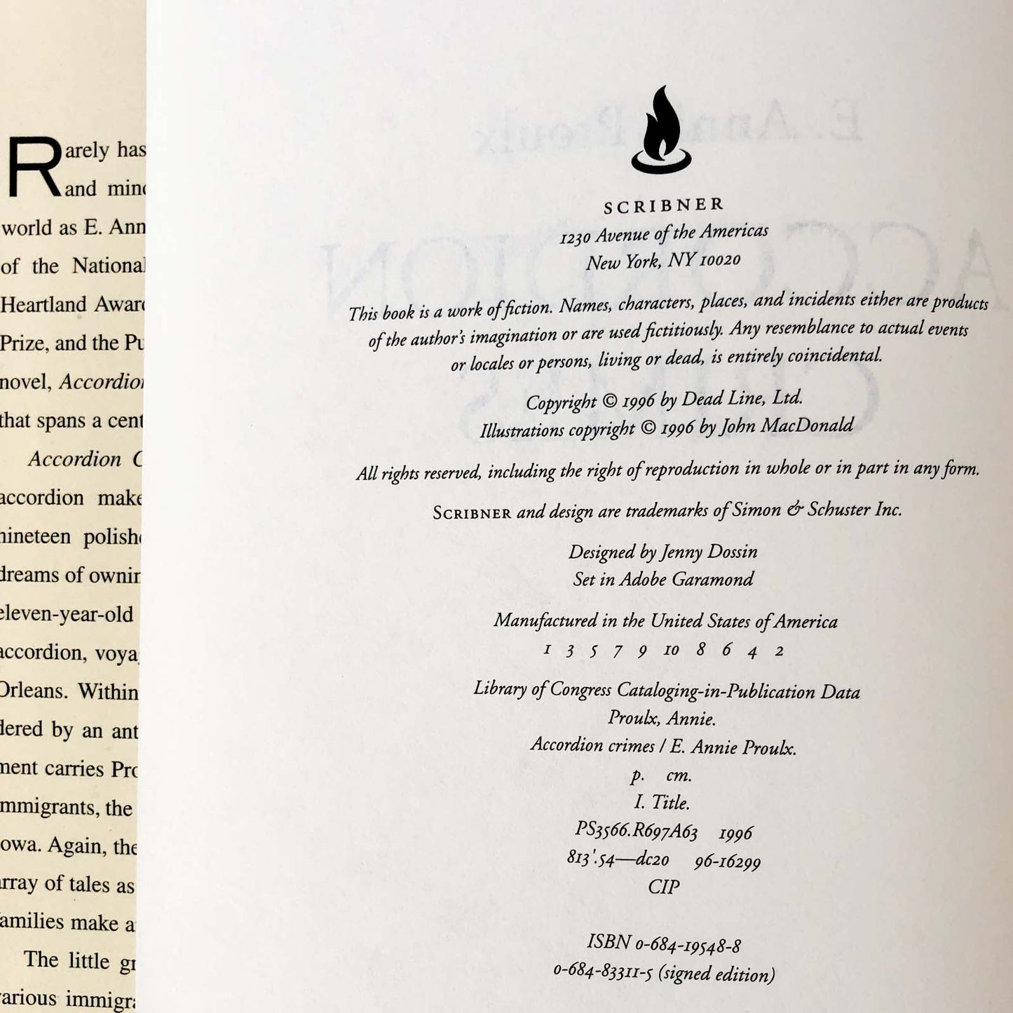 Accordion Crimes by E. Annie Proulx [FIRST EDITION / FIRST PRINTING] 1996