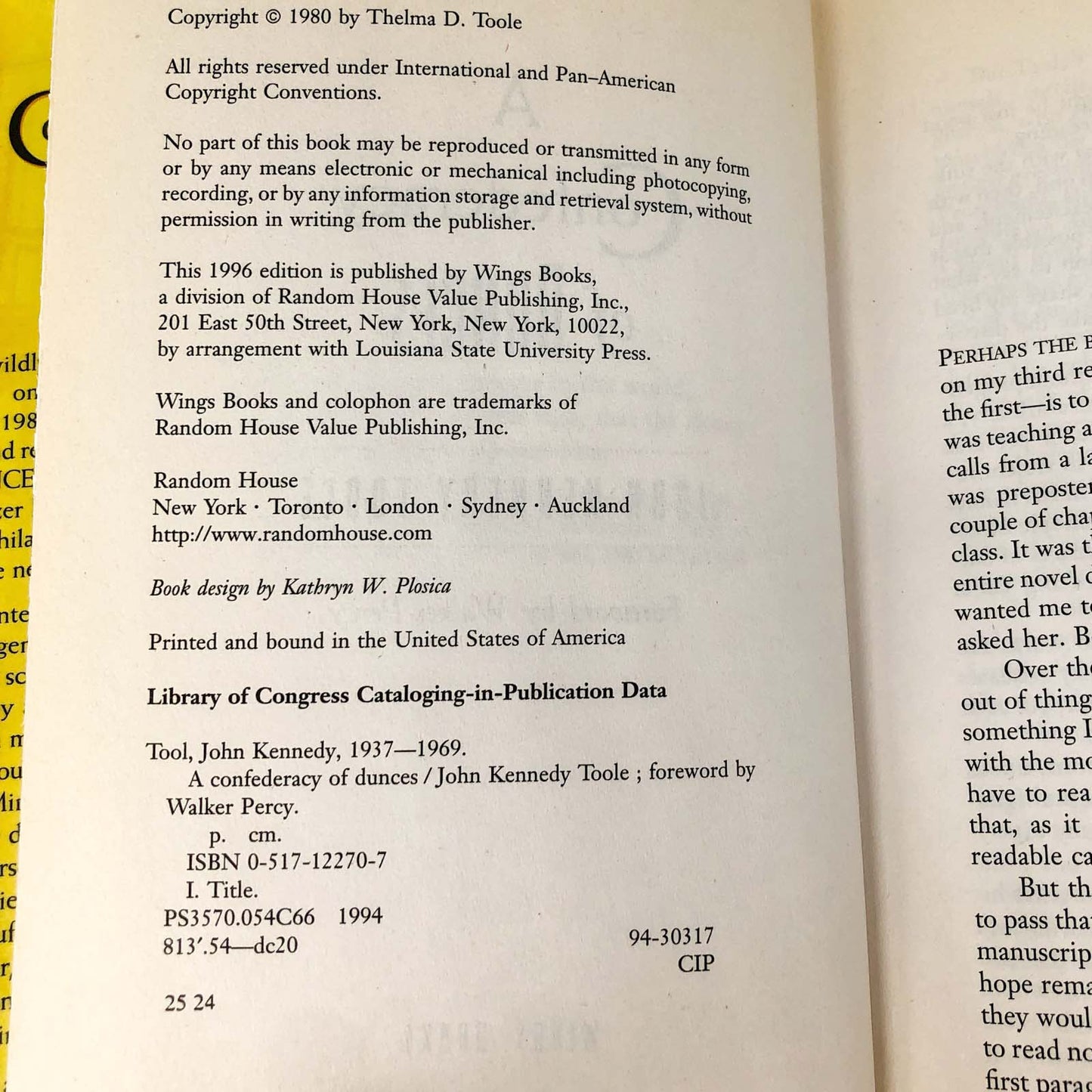 A Confederacy of Dunces by John Kennedy Toole [1996 HARDCOVER]
