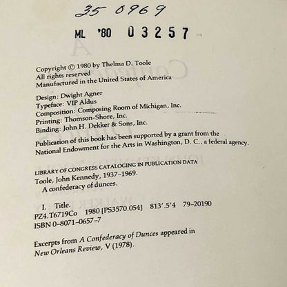 A Confederacy of Dunces by John Kennedy Toole [FIRST EDITION * FIRST PRINTING] 1980 • 1/2500 • Rare!