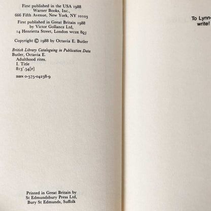 Adulthood Rites by Octavia E. Butler [U.K. FIRST EDITION] 1988