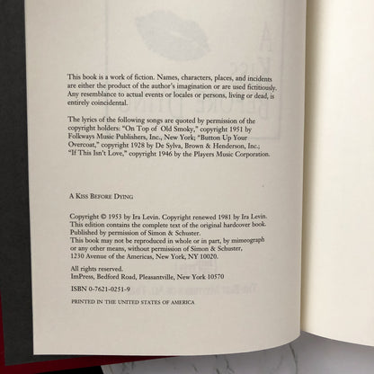 A Kiss Before Dying by Ira Levin [BOOK CLUB EDITION / 1981] - Bookshop Apocalypse