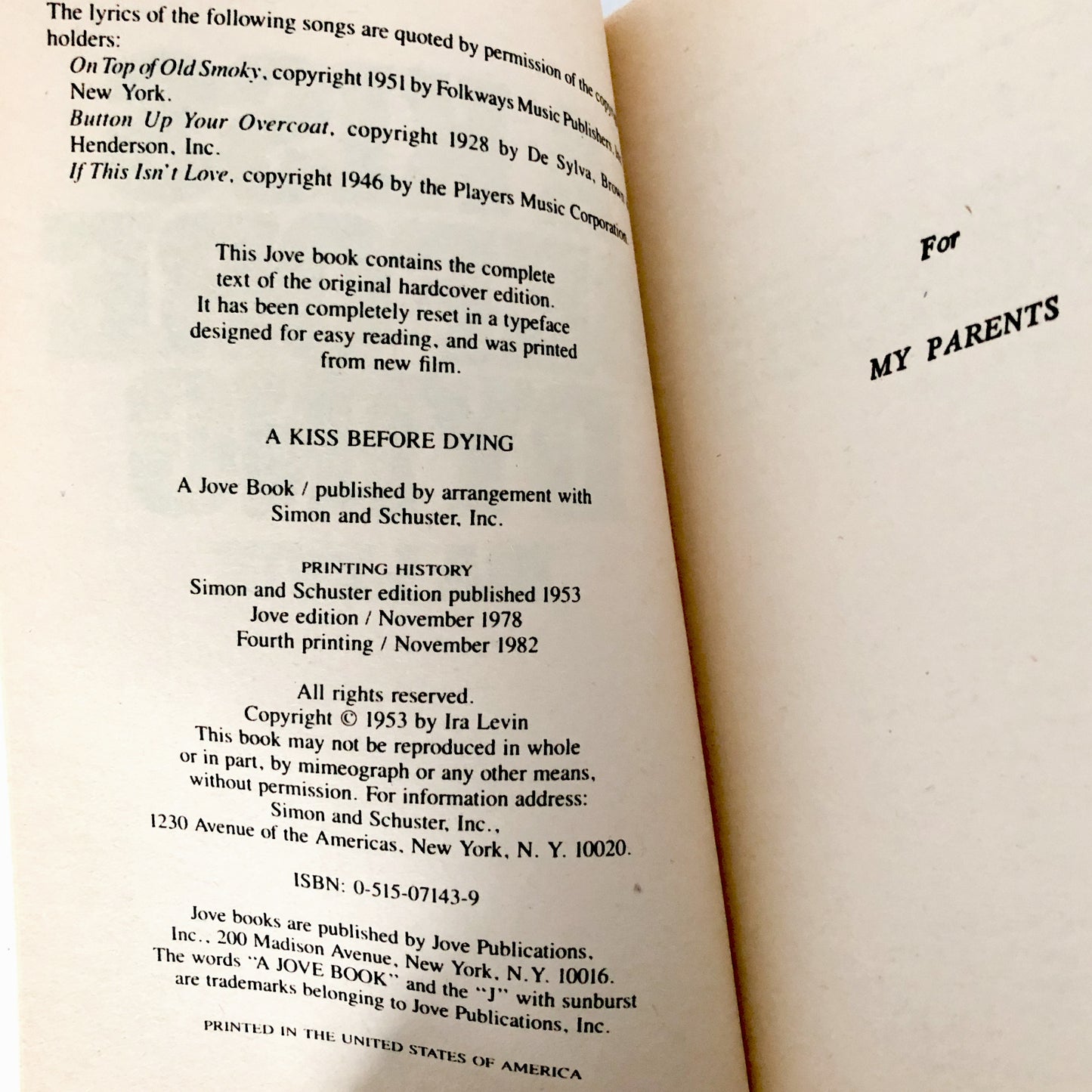 A Kiss Before Dying by Ira Levin [1982 PAPERBACK]