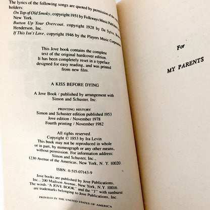 A Kiss Before Dying by Ira Levin [1982 PAPERBACK]