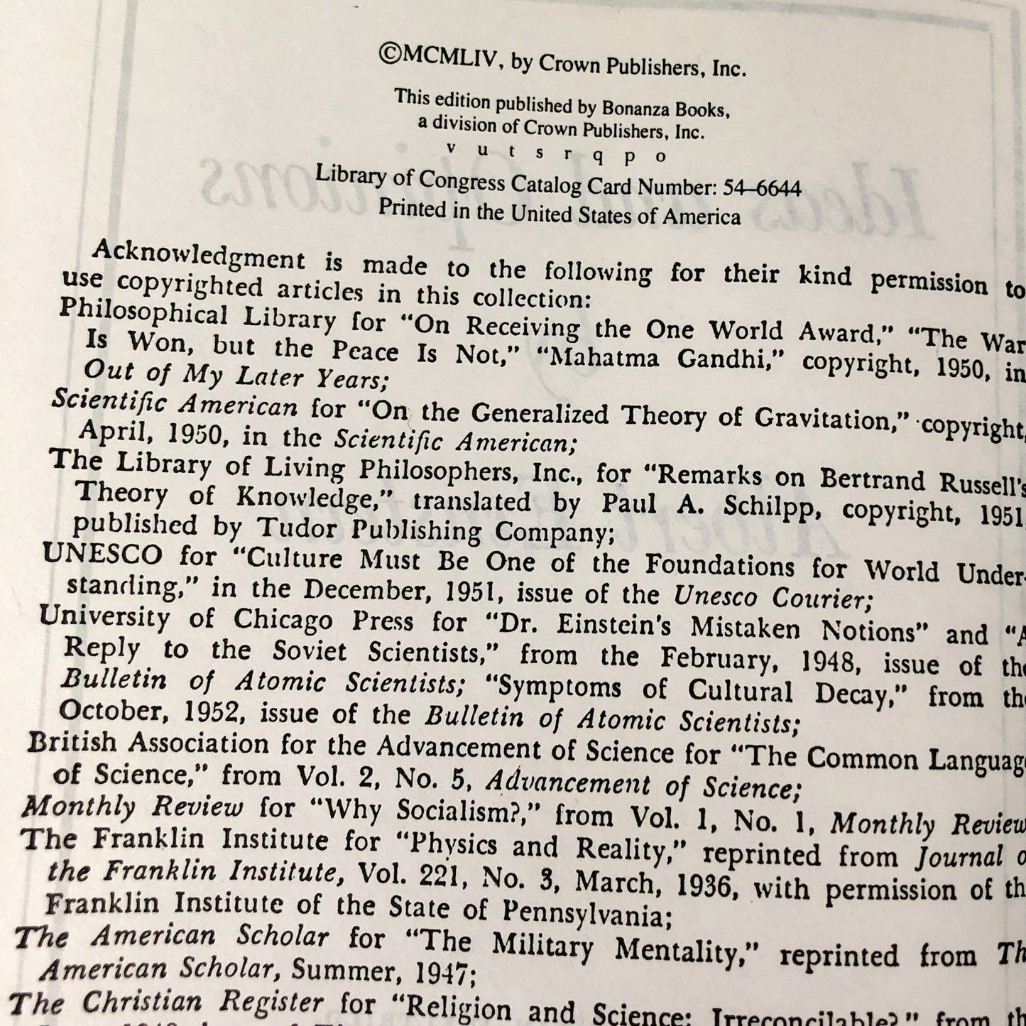 Ideas and Opinions by Albert Einstein [1954 HARDCOVER] • Bonanza