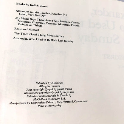 Alexander Who Used to Be Rich Last Sunday by Judith Viorst & Ray Cruz [1978 HARDCOVER] • Atheneum