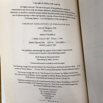 Alias Grace by Margaret Atwood [CANADIAN FIRST EDITION] 1996 • Mcclelland & Stewart