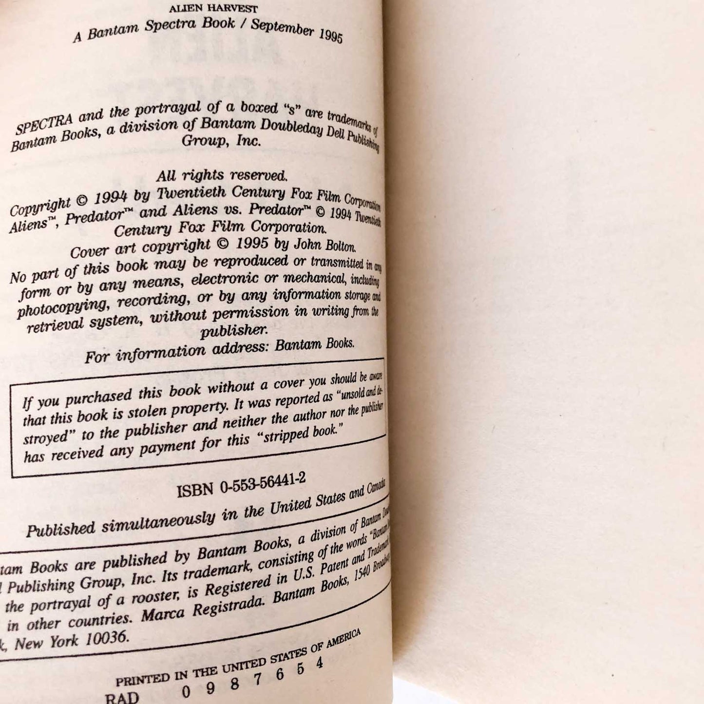 Aliens: Alien Harvest by Robert Sheckley [1995 PAPERBACK]