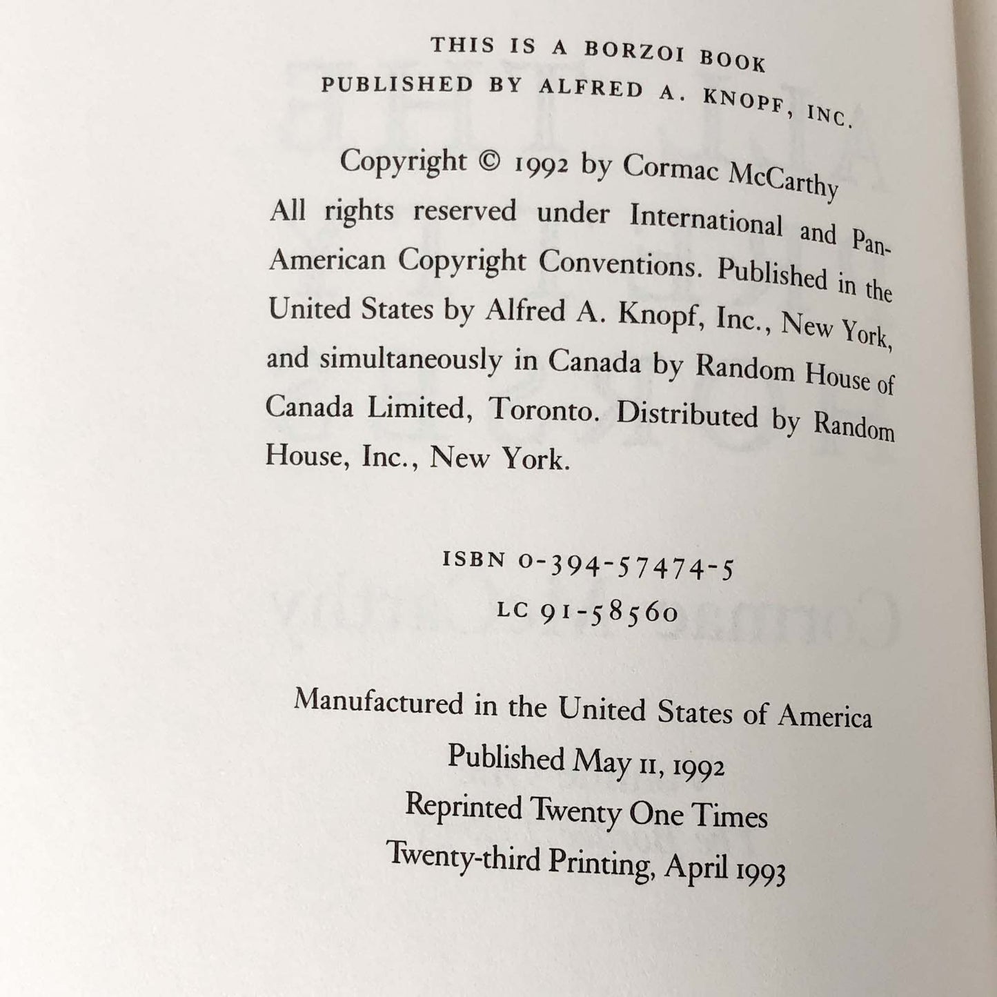 All the Pretty Horses by Cormac Mccarthy [FIRST EDITION • 23rd PRINTING] 1993 • Alfred A. Knopf