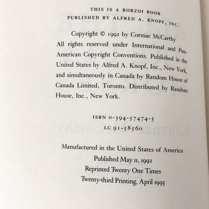 All the Pretty Horses by Cormac Mccarthy [FIRST EDITION • 23rd PRINTING] 1993 • Alfred A. Knopf