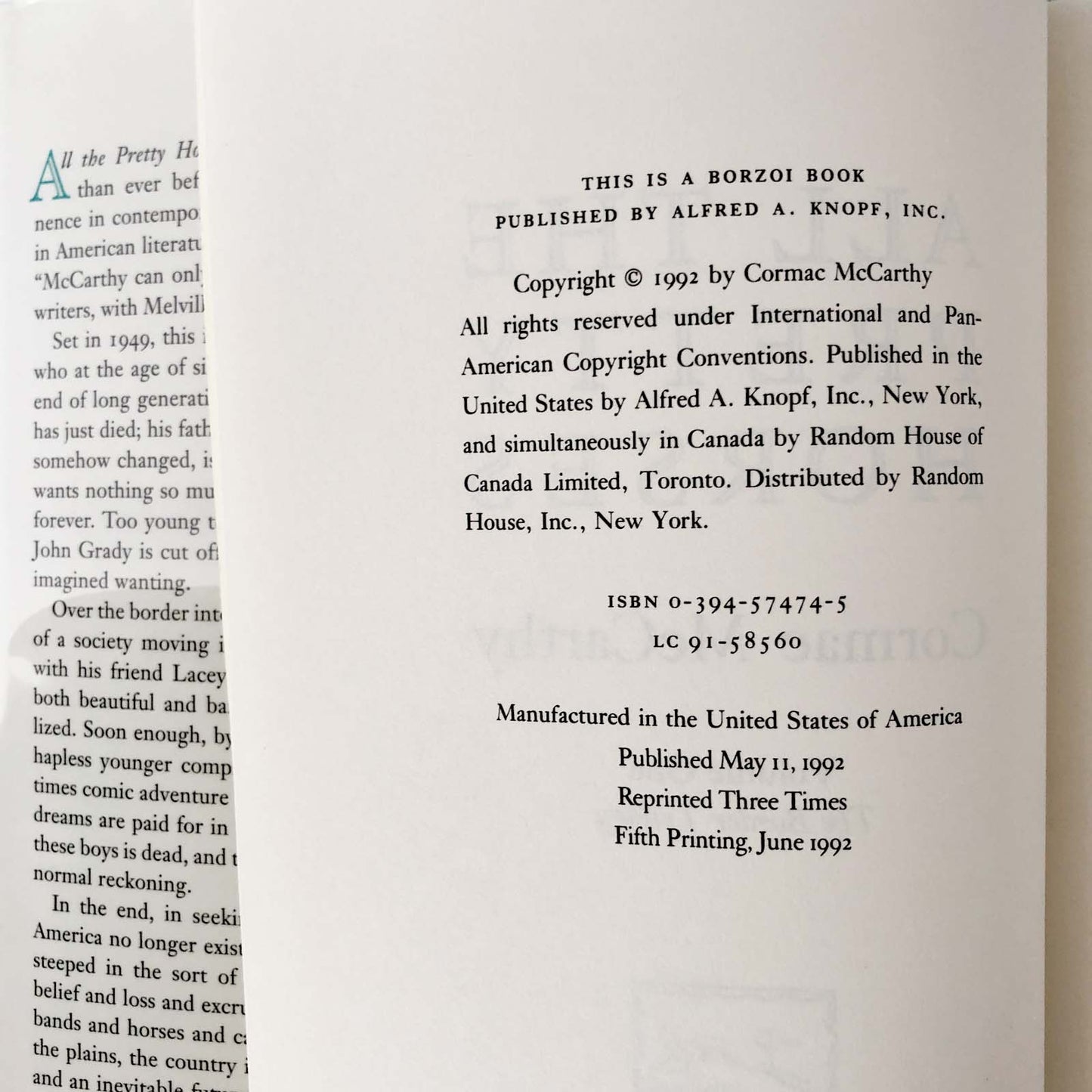 All the Pretty Horses by Cormac Mccarthy [FIRST EDITION • 5th PRINTING] 1992