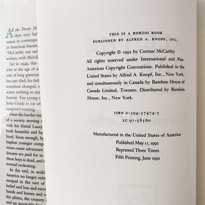 All the Pretty Horses by Cormac Mccarthy [FIRST EDITION • 5th PRINTING] 1992