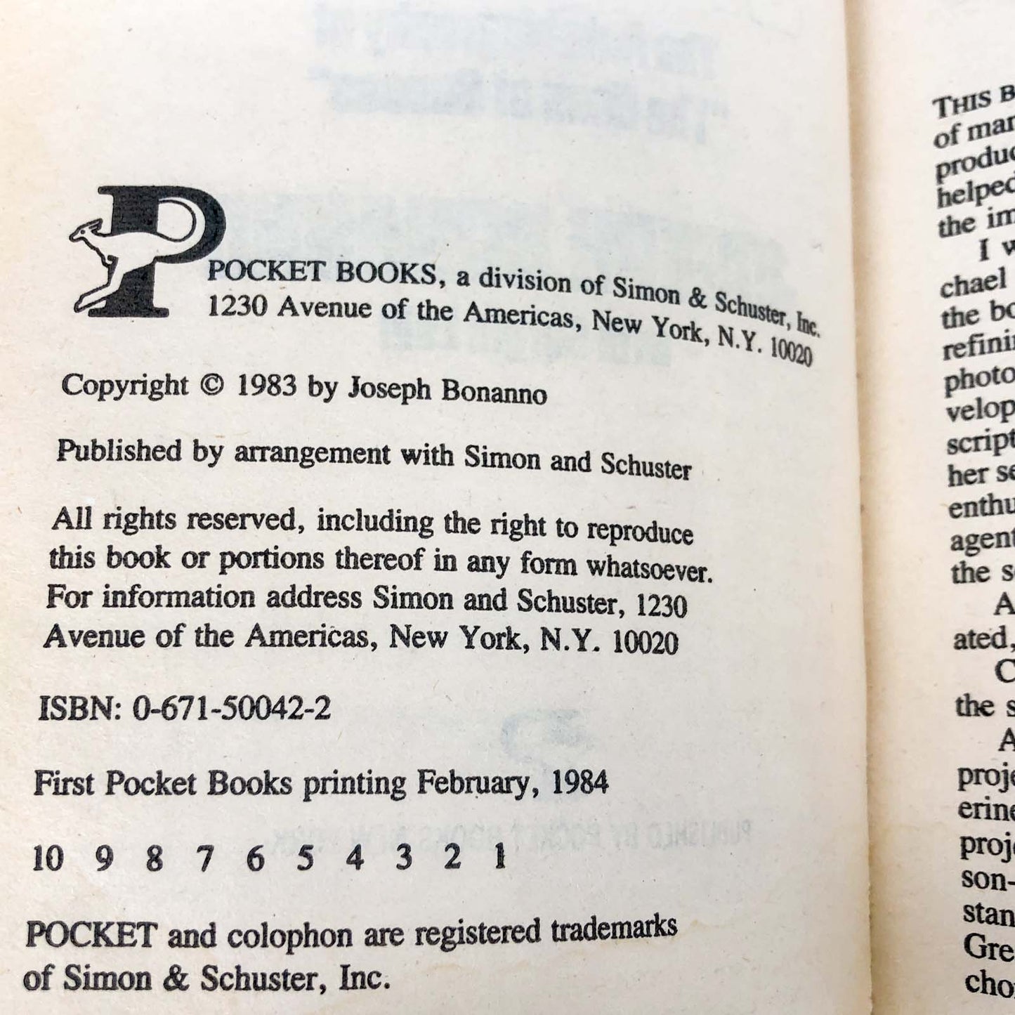 A Man of Honor: The Autobiography of Joseph Bonanno [FIRST PAPERBACK PRINTING] 1984