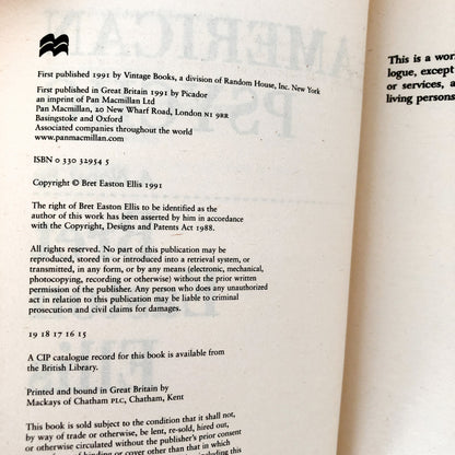 American Psycho by Bret Easton Ellis [U.K. FIRST EDITION] 1991 // Picador Trade Paperback