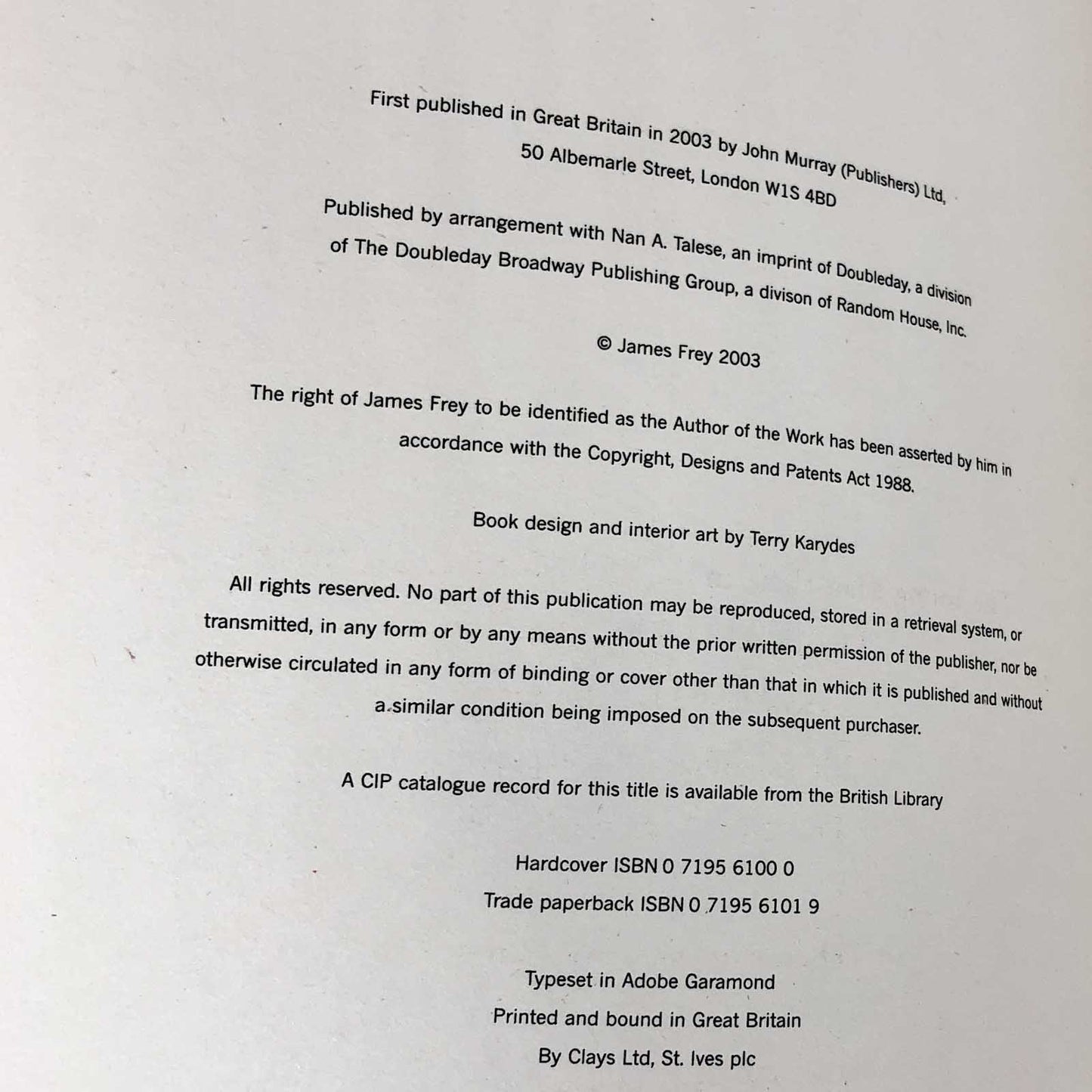 A Million Little Pieces by James Frey [U.K. FIRST EDITION] 2003