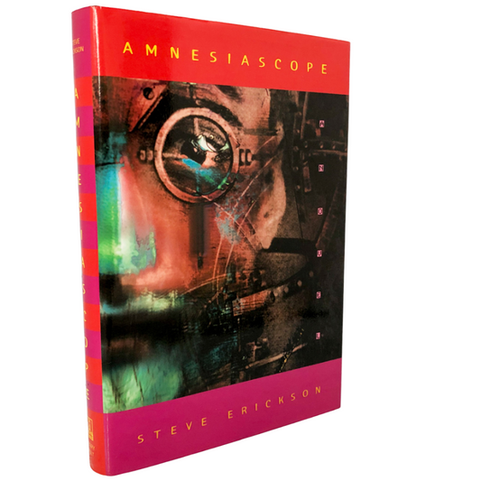 A hardcover edition of 'Amnesiascope' by Steve Erickson with a red and multicolor cover design, featuring text and abstract imagery.