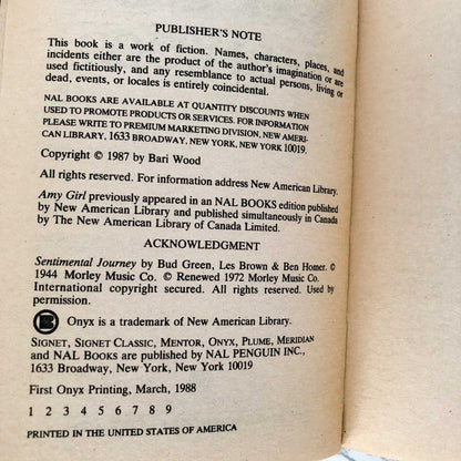 Amy Girl by Bari Wood [FIRST PAPERBACK PRINTING] 1988