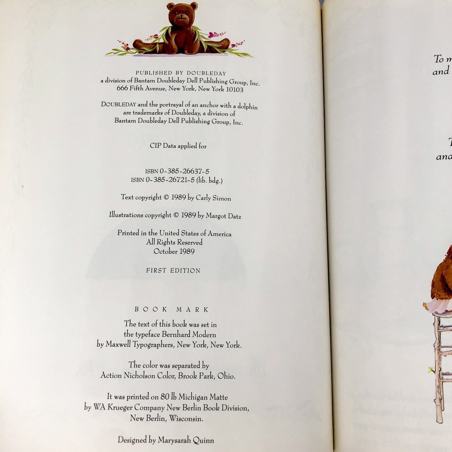 Amy the Dancing Bear by Carly Simon & Margot Datz [FIRST EDITION • FIRST PRINTING] 1989