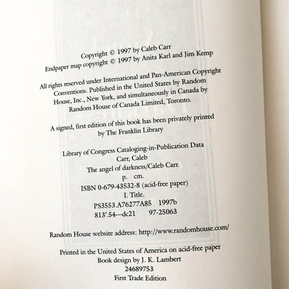 The Angel of Darkness [Alienist #2] by Caleb Carr [FIRST EDITION • FIRST PRINTING] 1997