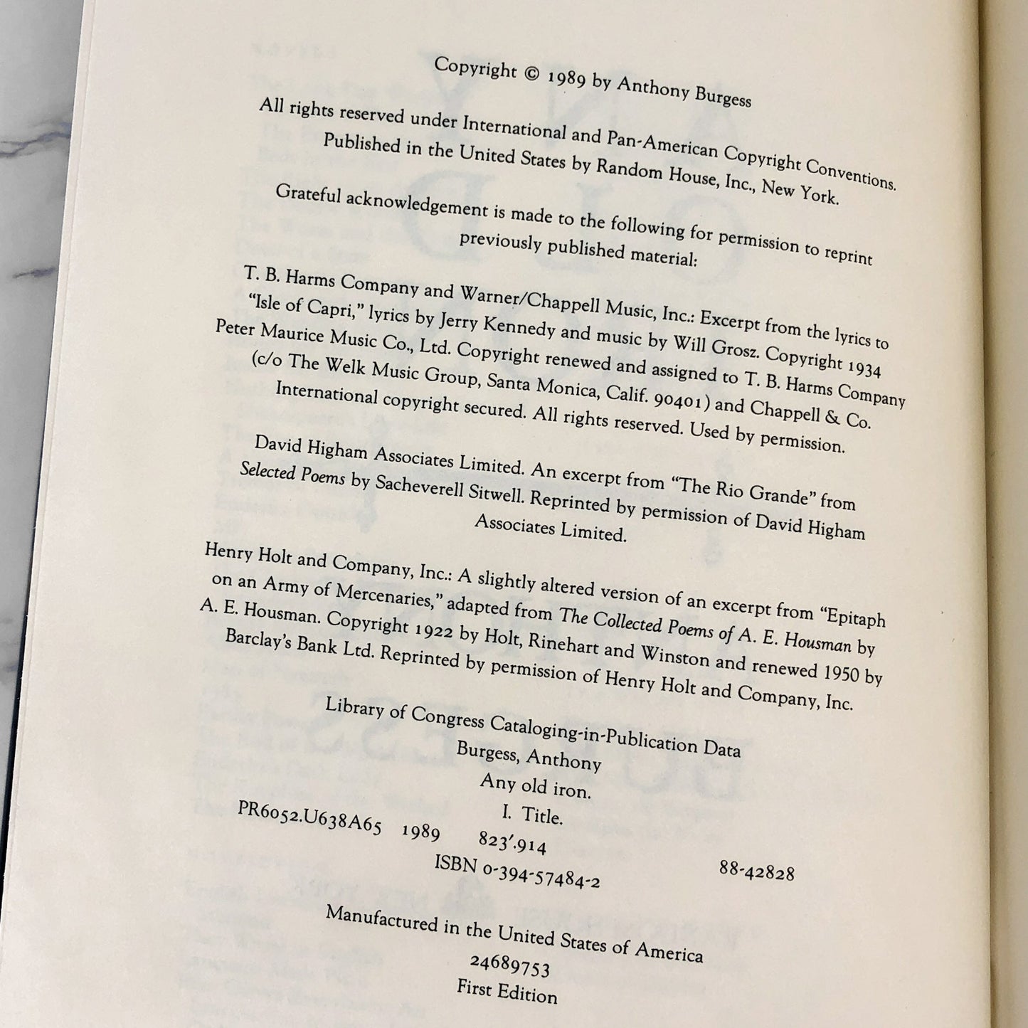 Any Old Iron by Anthony Burgess [FIRST EDITION] 1989