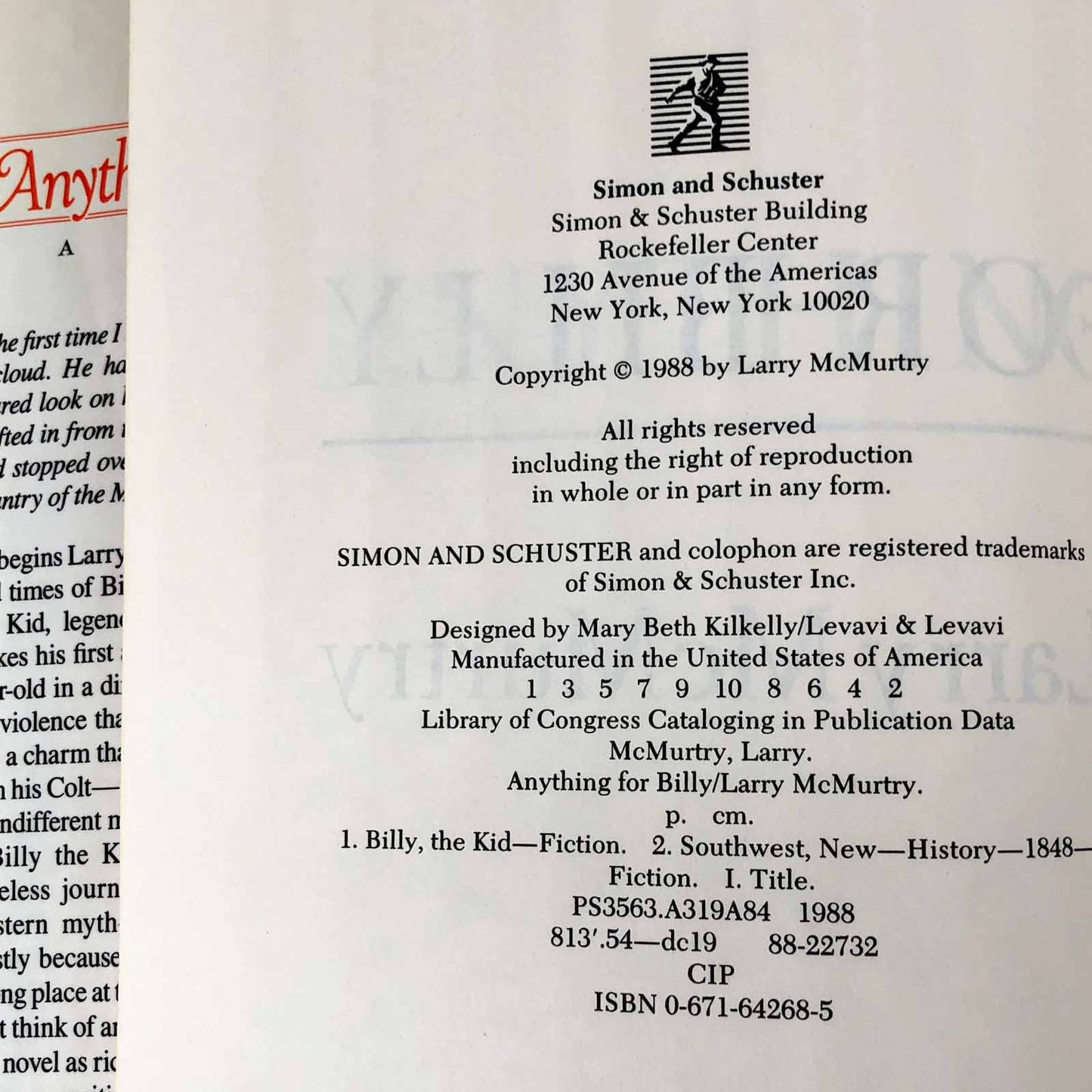 Anything For Billy by Larry McMurtry [FIRST EDITION / FIRST PRINTING] 1988