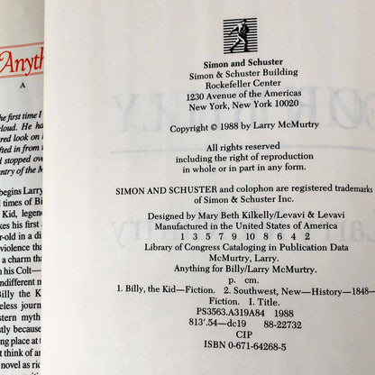 Anything For Billy by Larry McMurtry [FIRST EDITION / FIRST PRINTING] 1988