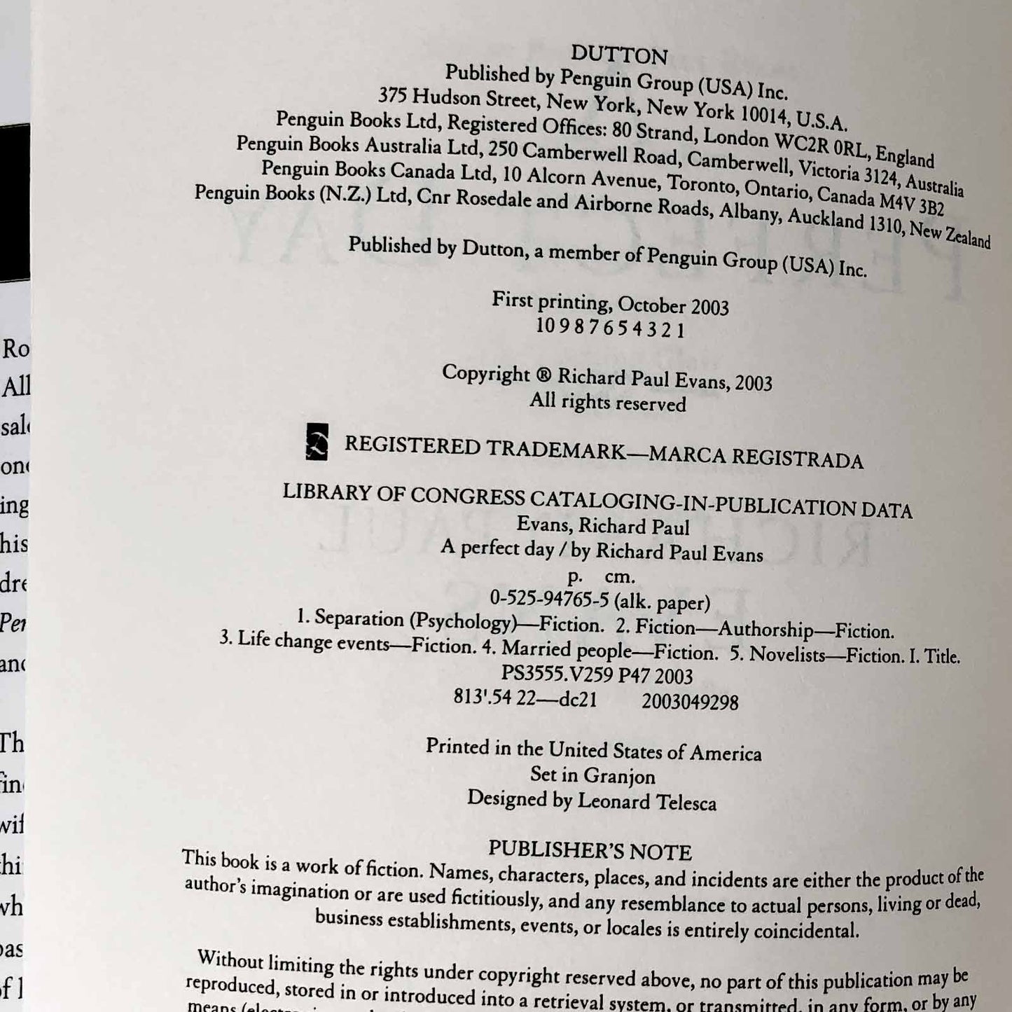 A Perfect Day by Richard Paul Evans SIGNED! [FIRST EDITION] 2003