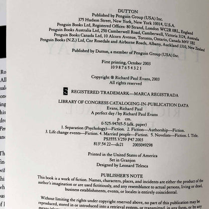 A Perfect Day by Richard Paul Evans SIGNED! [FIRST EDITION] 2003