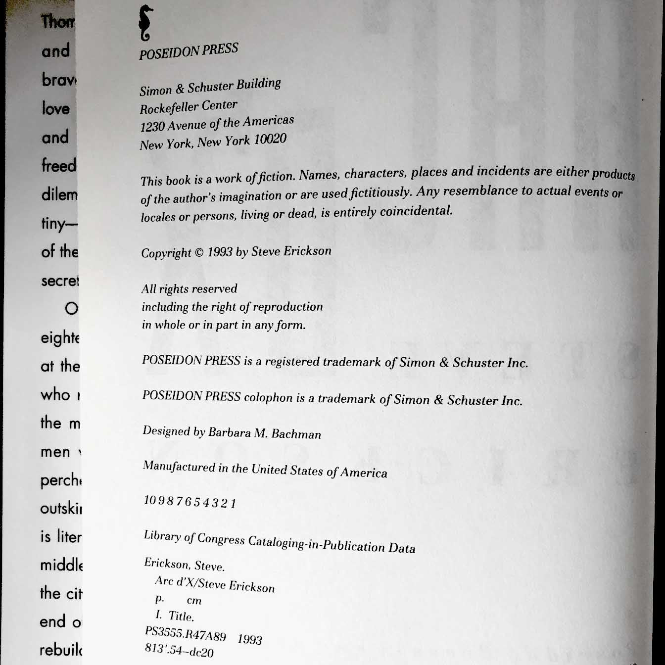 Arc d'X by Steve Erickson [FIRST EDITION / FIRST PRINTING] 1993