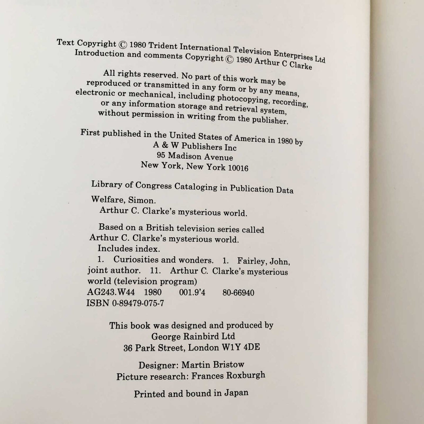 Arthur C. Clarke's Mysterious World by Simon Welfare & John Fairley [FIRST EDITION / 1980]