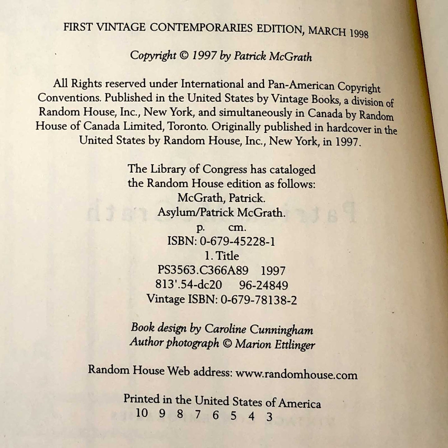 Asylum by Patrick McGrath [1998 TRADE PAPERBACK]