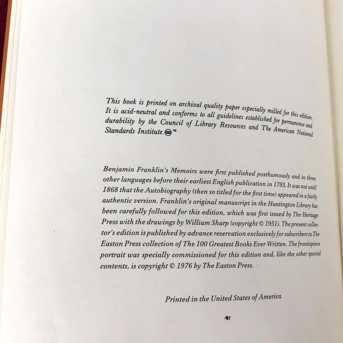 The Autobiography of Benjamin Franklin [THE EASTON PRESS] 1976