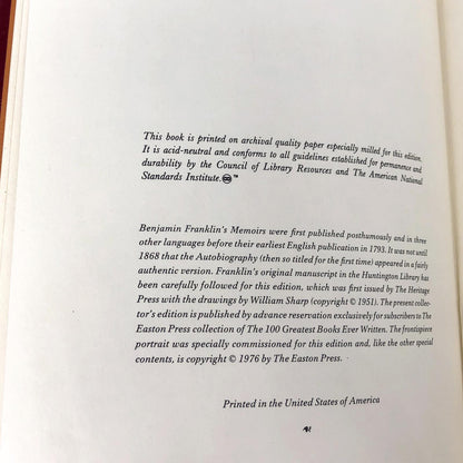 The Autobiography of Benjamin Franklin [THE EASTON PRESS] 1976