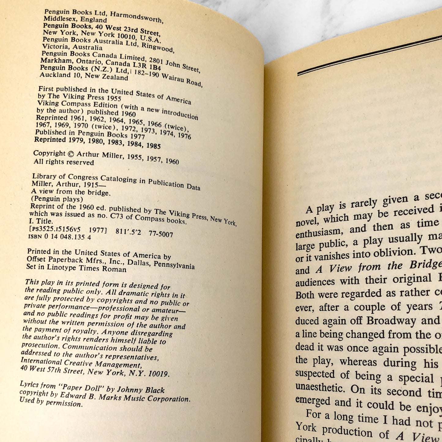 A View From the Bridge by Arthur Miller [TRADE PAPERBACK] 1985 • Penguin Plays