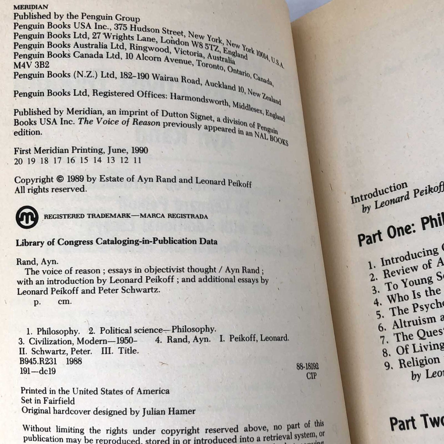 The Voice of Reason: Essays in Objectivist Thought by Ayn Rand [1990 TRADE PAPERBACK]