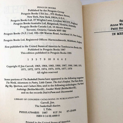 The Basketball Diaries by Jim Carroll [TRADE PAPERBACK] 1995 • Penguin