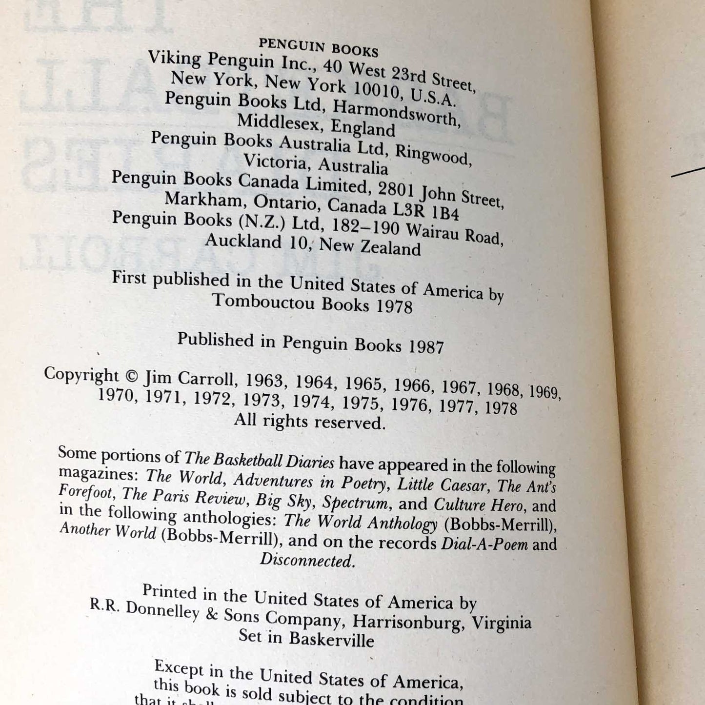 The Basketball Diaries by Jim Carroll [1987 TRADE PAPERBACK]