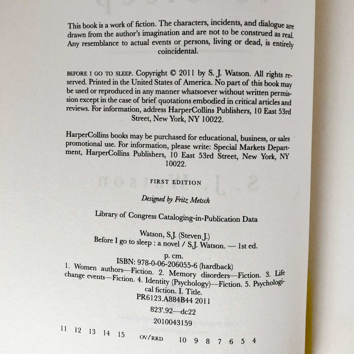 Before I Go to Sleep by S.J. Watson [FIRST EDITION] 2011