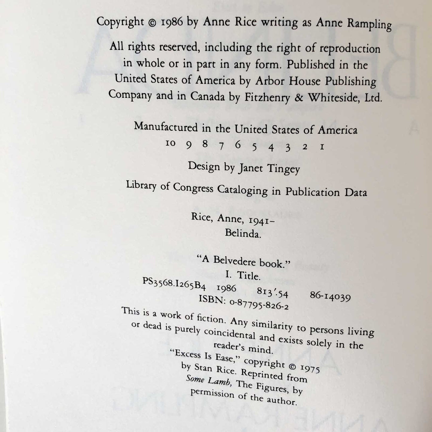 Belinda by Anne Rice "Rampling" [FIRST EDITION / FIRST PRINTING] 1986