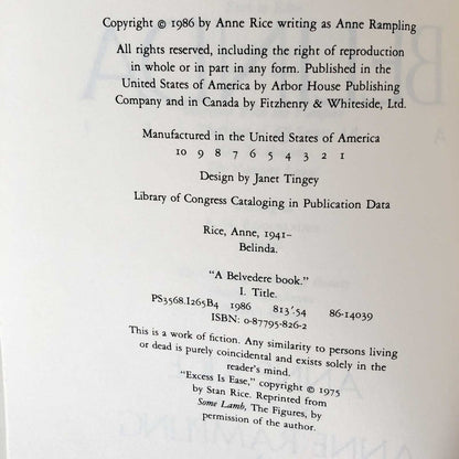 Belinda by Anne Rice "Rampling" [FIRST EDITION / FIRST PRINTING] 1986