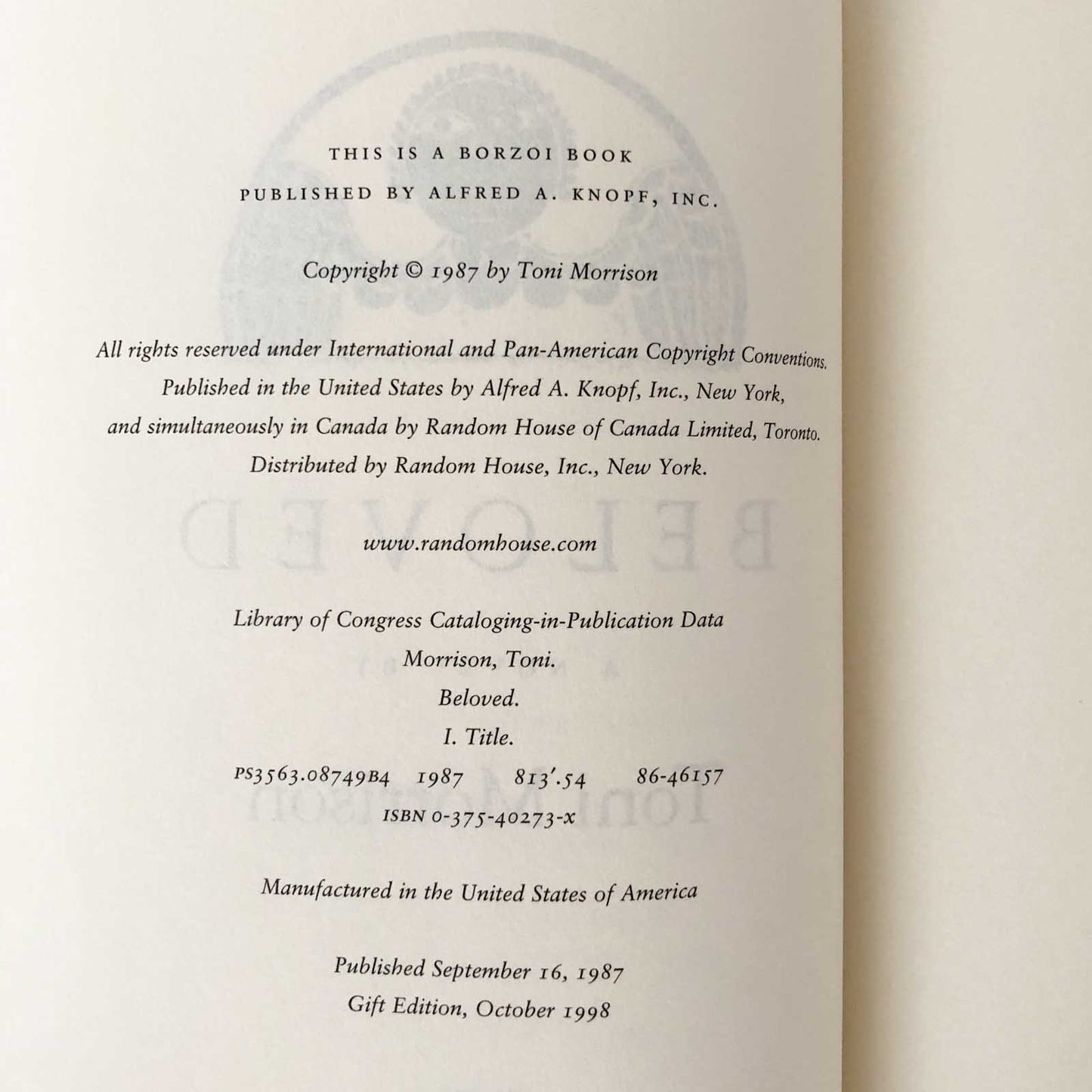 Beloved by Toni Morrison [FIRST GIFT EDITION] 1998 Hardcover