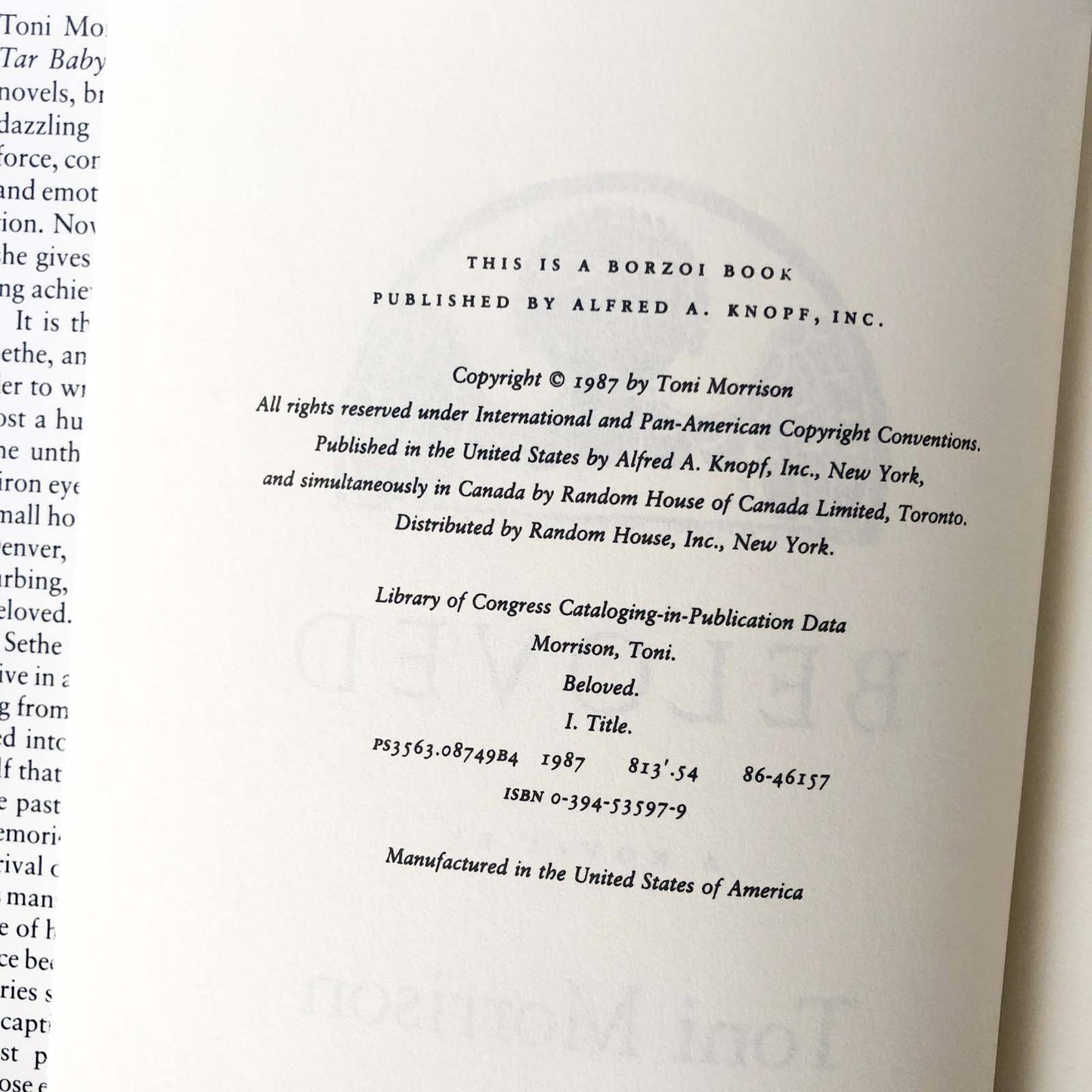 Beloved by Toni Morrison [FIRST BOOK CLUB PRINTING / 1987]