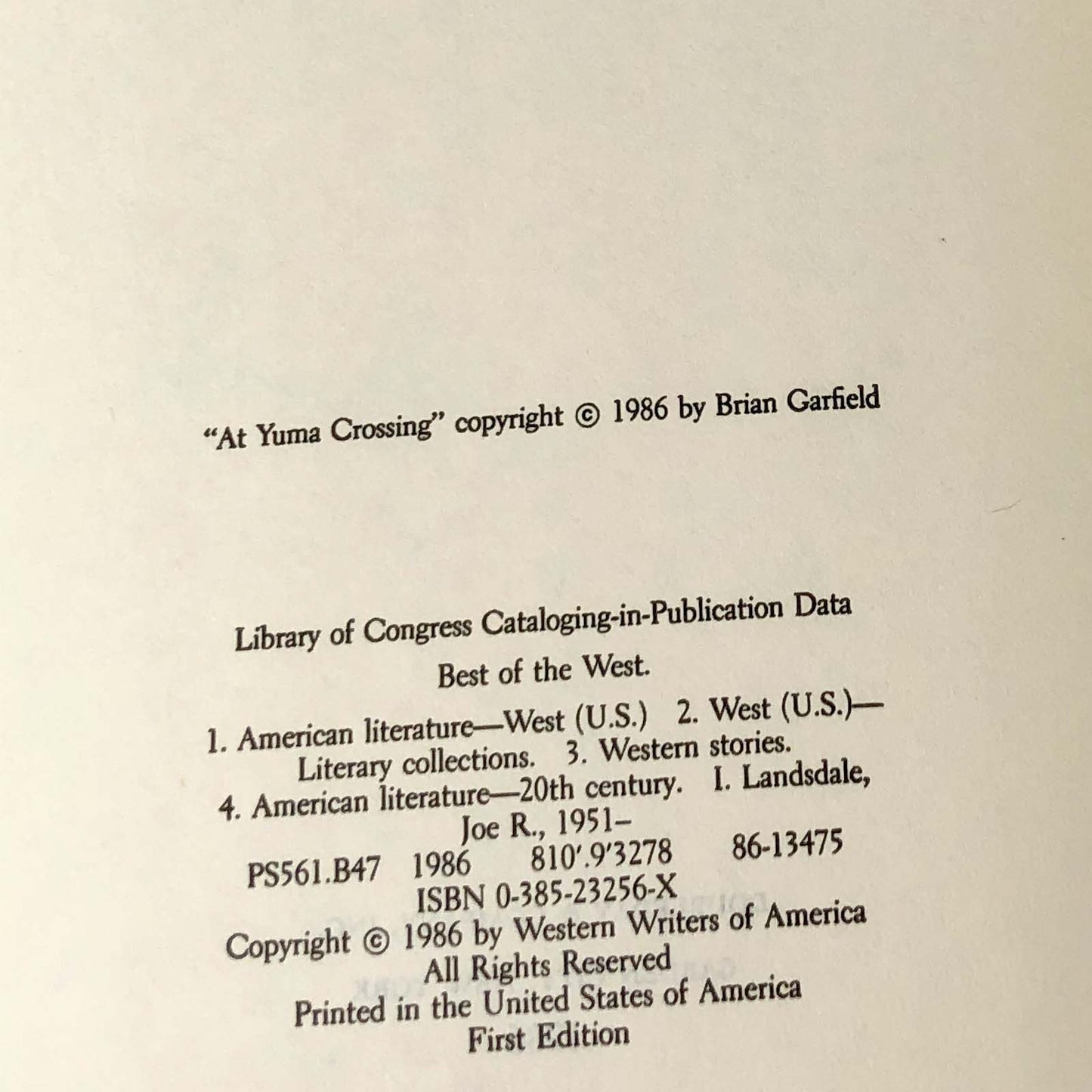 Best of the West: An Anthology of Western Writing by Joe R. Lansdale [FIRST EDITION] 1986