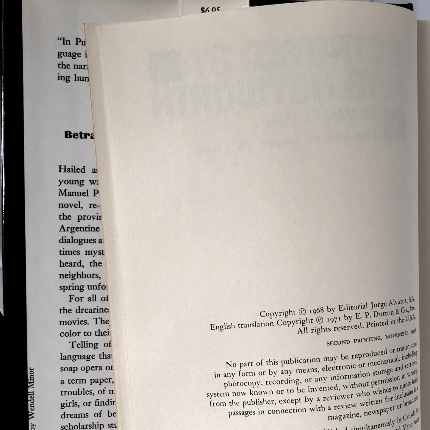 Betrayed by Rita Hayworth by Manuel Puig [FIRST EDITION] - Bookshop Apocalypse